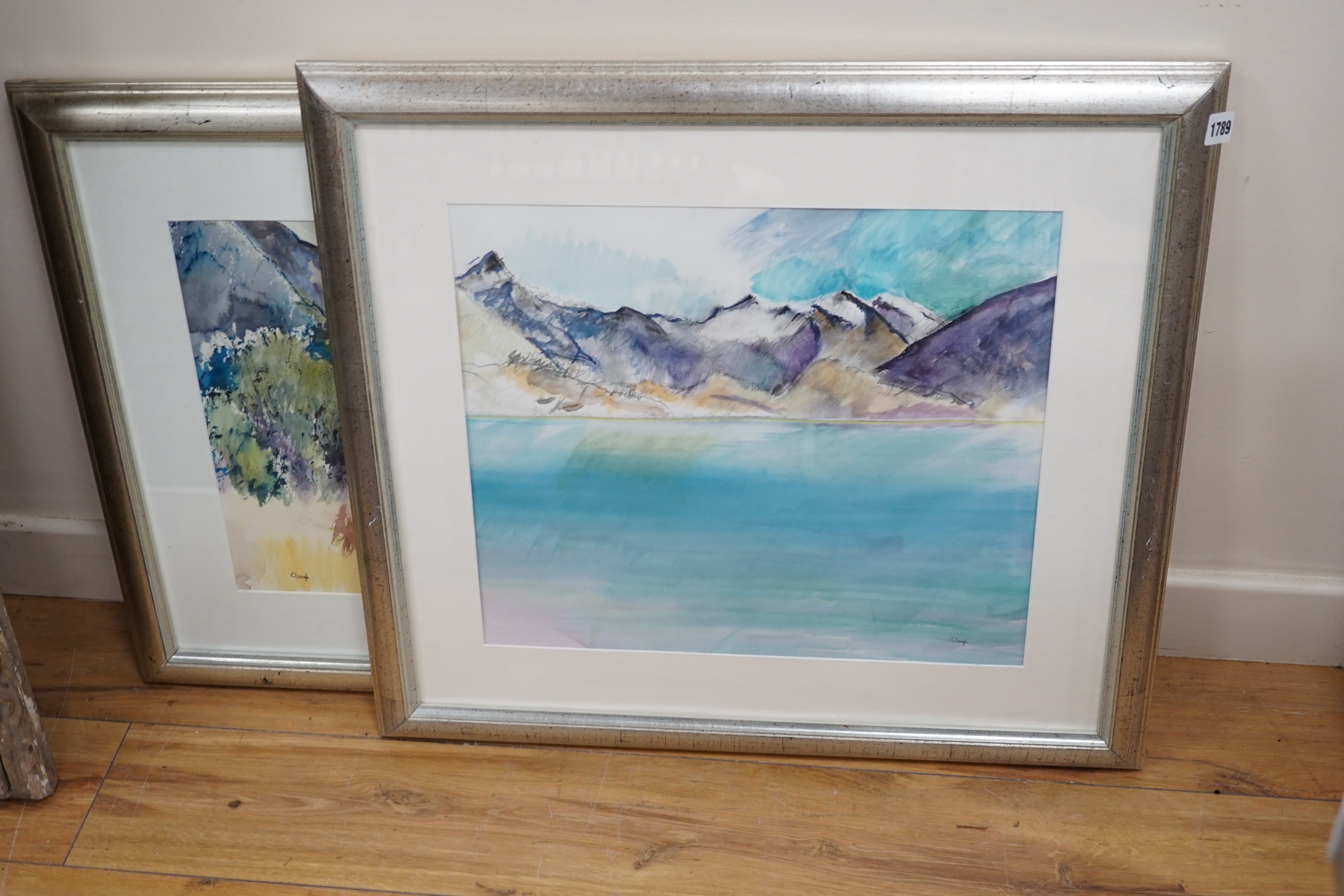 Pauline Clough (contemporary), two watercolours, Mountainous landscapes, each signed, largest 39 x 45cm. Condition - good